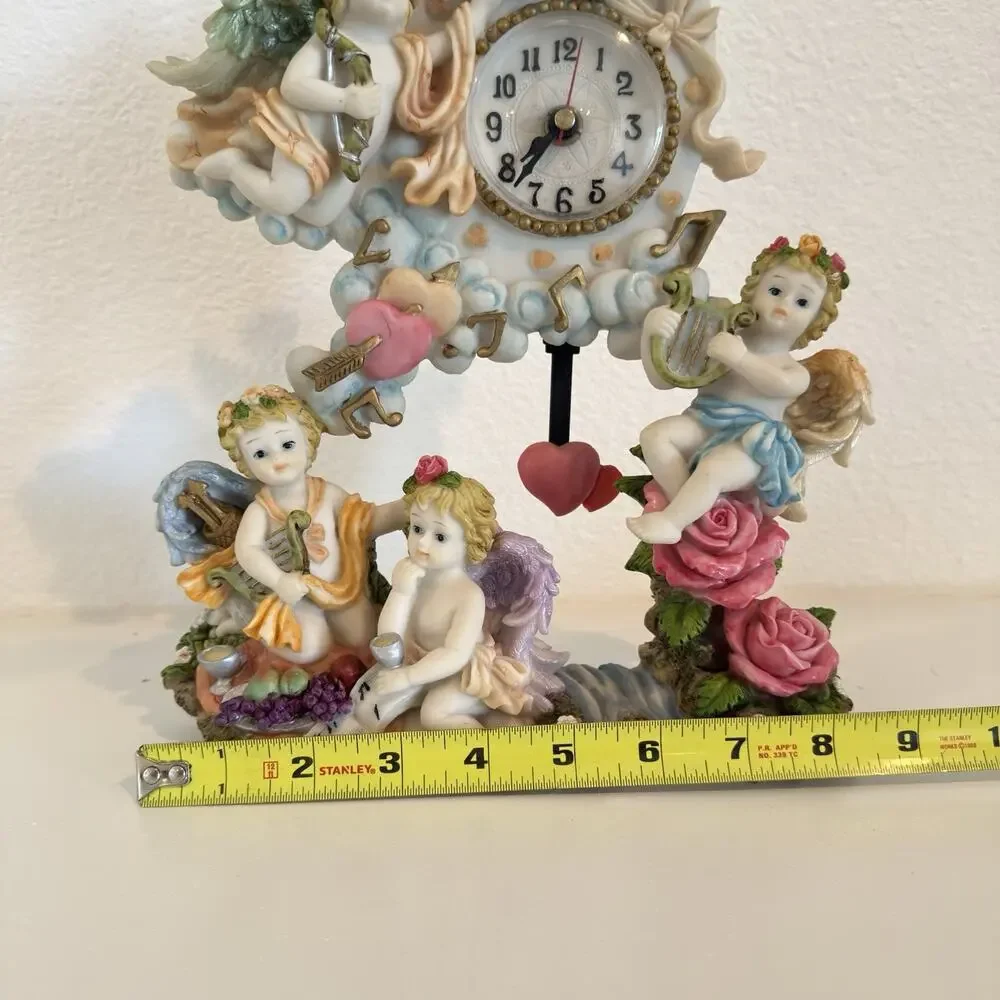 Vintage Large Cherub Angel Pendulum Quartz Clock Roses Heart 12” Decor WORKING